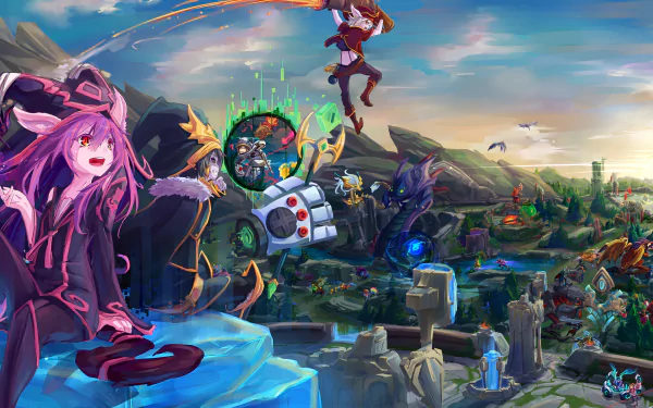HD desktop wallpaper featuring Tristana, Veigar, and Lulu from League of Legends in a vibrant, fantasy landscape. The background showcases an expansive game environment with detailed scenery and dynamic action.