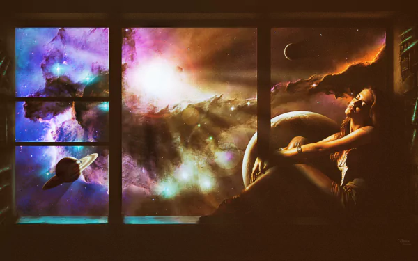 A dreamy sci-fi scene with a person gazing at colorful nebulae, stars, planets, and a glowing sun through a window, rendered in 4K Ultra HD for a PC desktop background.