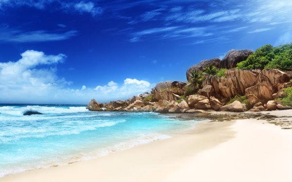 Earth Tropical Tropics Seashore Beach La Digue Island Seychelles Seychelles Islands Sky Sand Ocean Rock HD Wallpaper | Background Image