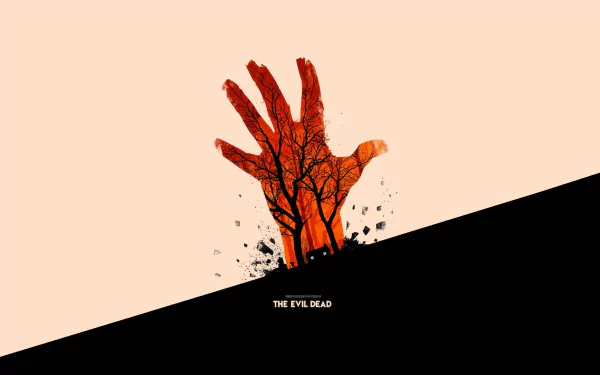 HD PC desktop wallpaper/background for the movie Evil Dead (1981): stylized orange hand with tree-like veins rising from a black slope, splatters and a tiny cabin silhouette.
