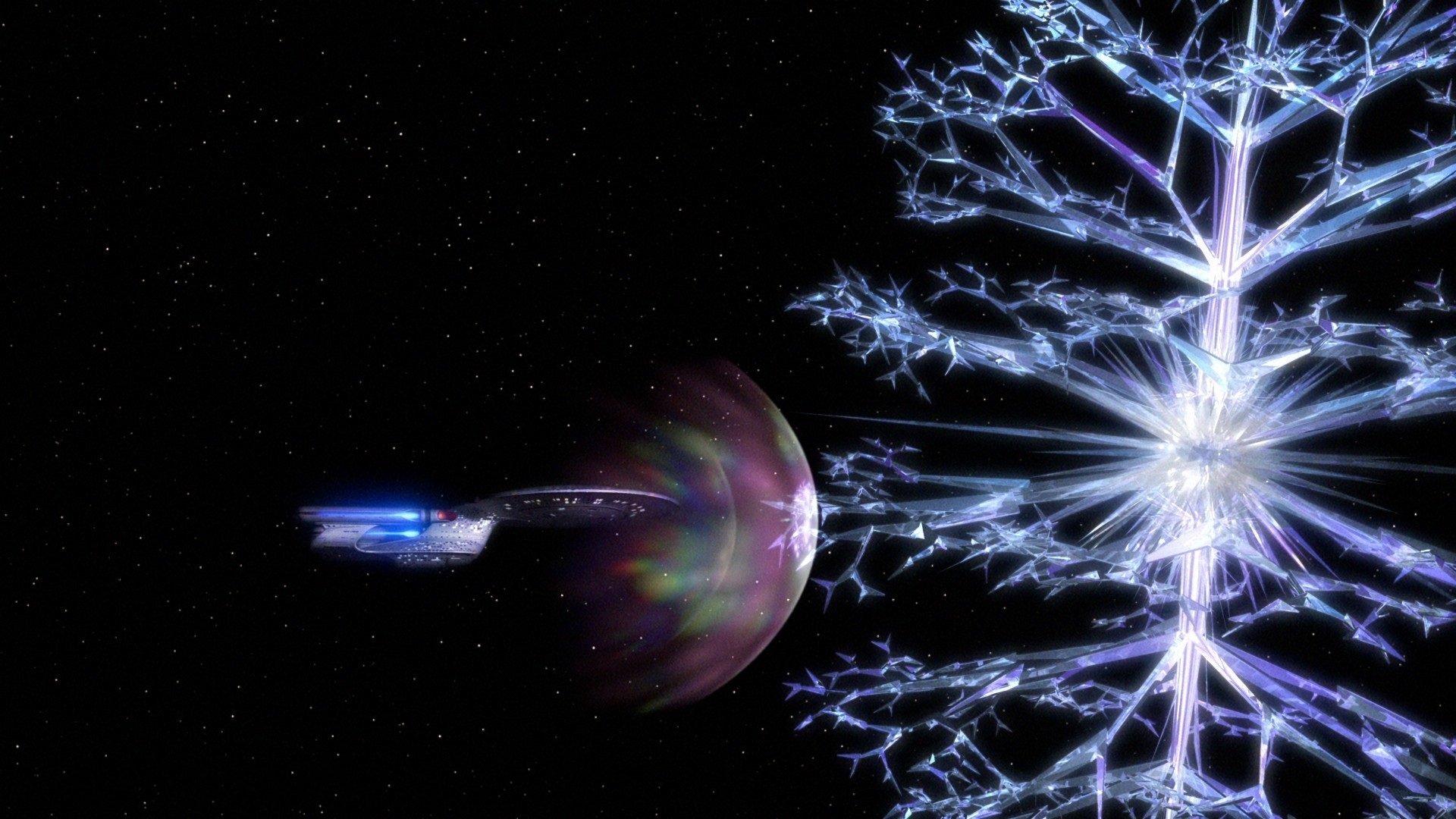 HD PC desktop wallpaper: USS Enterprise (NCC-1701-D) faces a glowing, tree-like Crystalline Entity against a starfield — Star Trek: The Next Generation