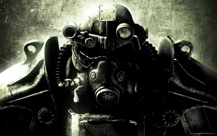 A striking HD desktop wallpaper featuring a character in power armor from the video game Fallout 3, set against a textured, dark background.
