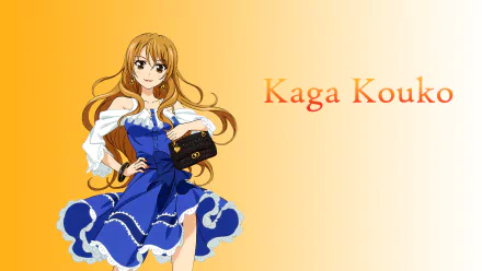 HD desktop wallpaper featuring Kaga Kouko from the anime Golden Time. Kaga Kouko is shown in a stylish blue dress against an orange gradient background.