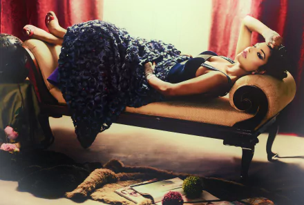 Indian woman model reclining on a vintage sofa in a textured evening dress, moody studio lighting — 2K Quad HD PC desktop wallpaper/background.