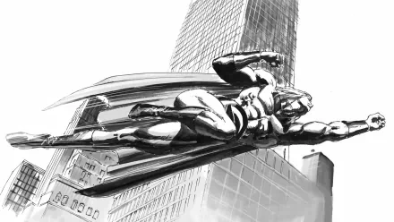 A dynamic comic-inspired HD wallpaper featuring a flying superhero, Sentry, soaring above a city skyline, capturing the essence of action and adventure.