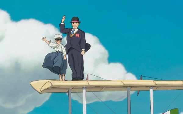 HD desktop wallpaper featuring characters from The Wind Rises standing on an airplane wing against a blue sky with clouds.