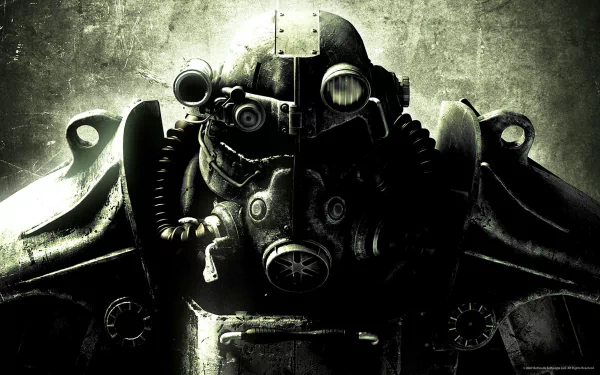 A striking HD desktop wallpaper featuring a character in power armor from the video game Fallout 3, set against a textured, dark background.