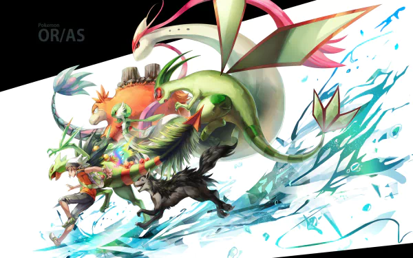 A vibrant HD wallpaper featuring Brendan and his Pokémon team, including Milotic, Mightyena, Gardevoir, Sceptile, Camerupt, and Flygon, from Pokémon: Omega Ruby and Alpha Sapphire.