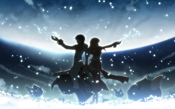 Ragnarok (video game) HD PC desktop wallpaper: two silhouetted characters on snowy ground, arms outstretched before a huge glowing moon, surrounded by sparkling light and small creature silhouettes.