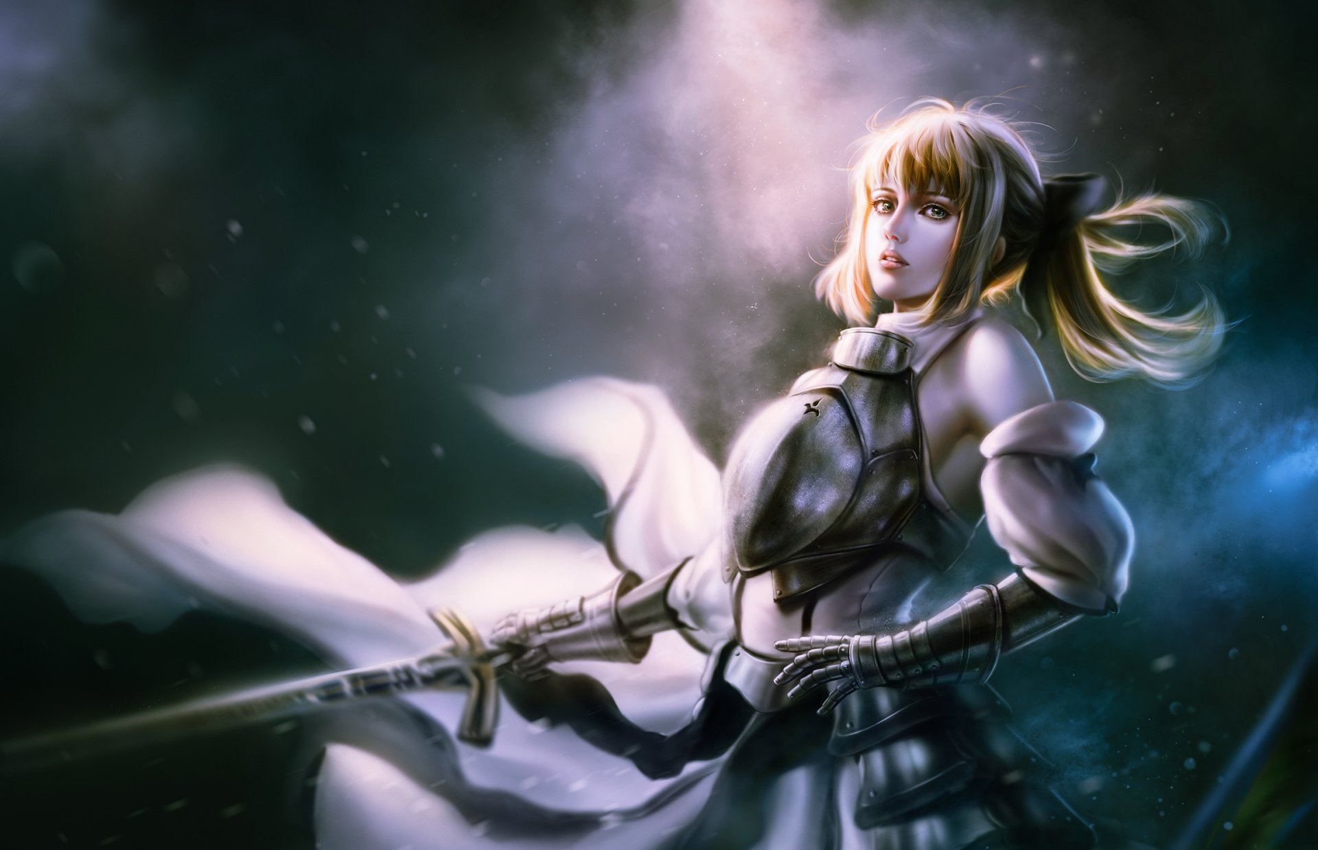 HD anime desktop wallpaper featuring Saber from Fate/Stay Night in armor, holding a sword with a glowing, mystical background.