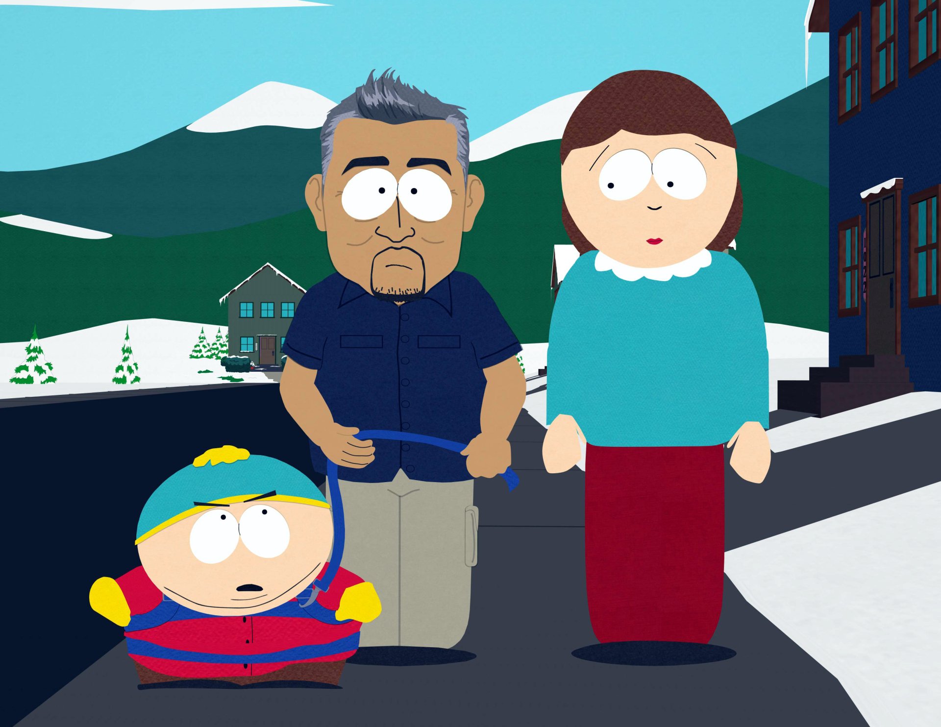 Eric Cartman and his mother Liane Cartman from South Park stand on a snowy street with houses — 2K Quad HD PC wallpaper