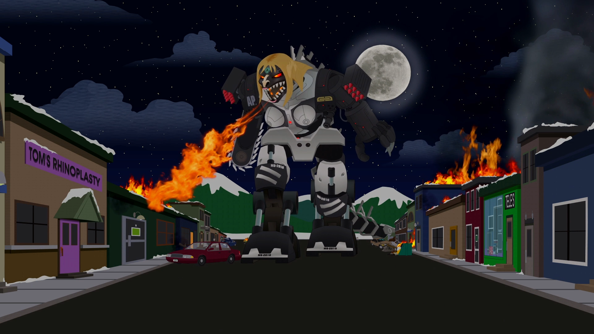 HD PC desktop wallpaper of South Park (TV show): a giant robotic figure rampages down a burning town at night beneath a full moon, buildings and cars engulfed in flames.
