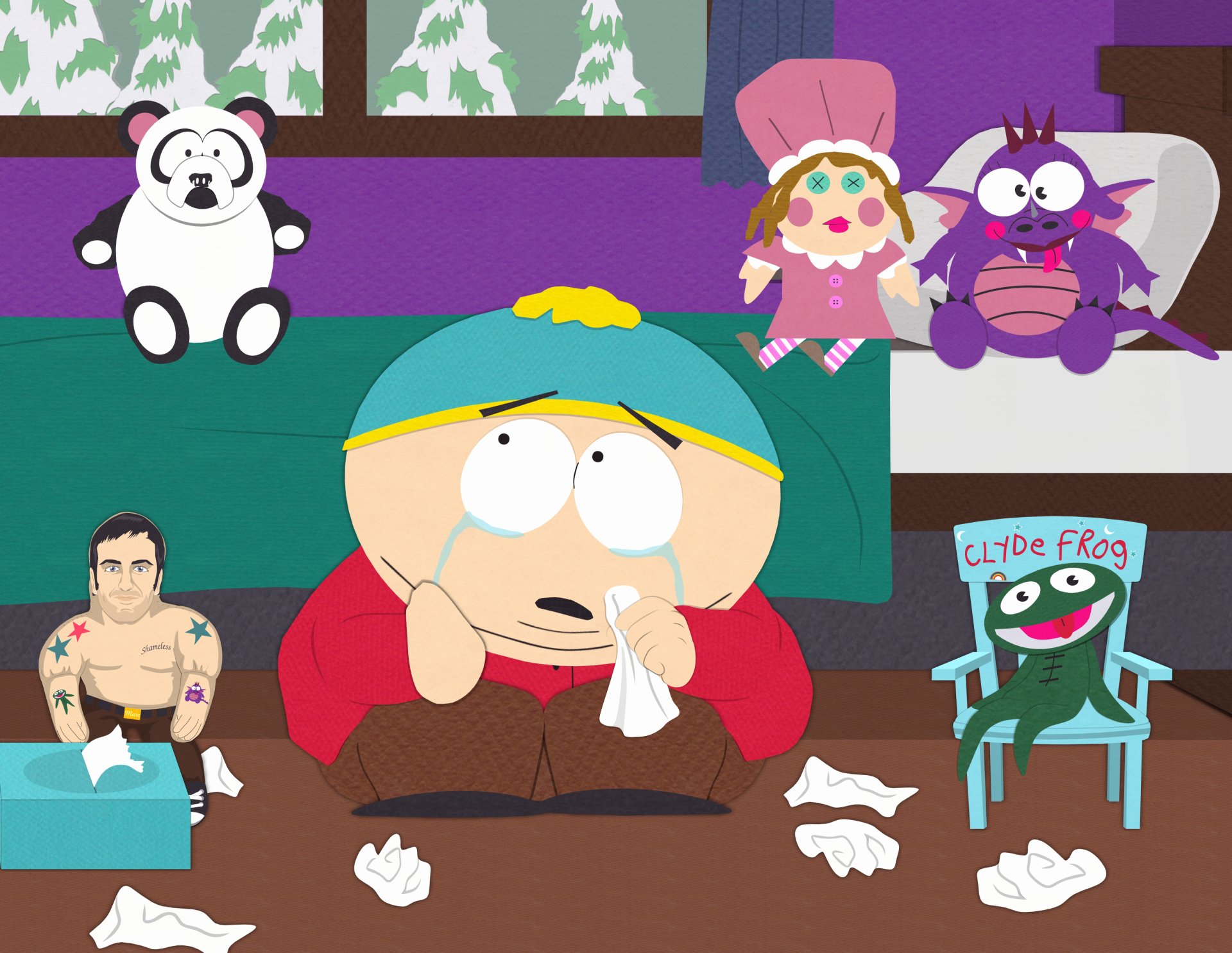 Eric Cartman from South Park sits crying on the floor with a tissue, surrounded by toys and scattered tissues — 2K Quad HD PC desktop wallpaper/background of the TV show character.