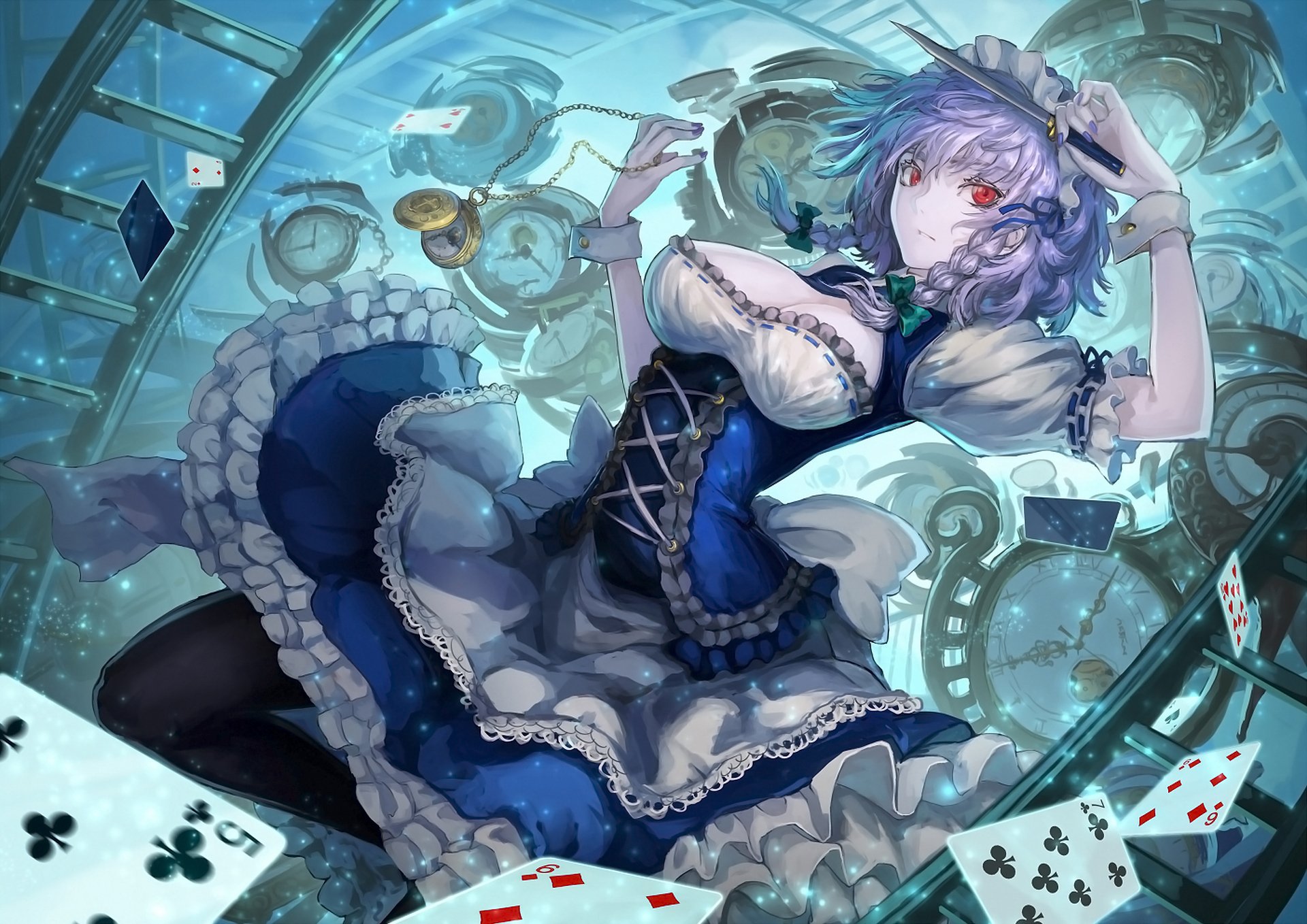 Sakuya Izayoi from the Touhou series is depicted in this vibrant HD anime wallpaper, surrounded by clocks and playing cards, showcasing her elegant yet dynamic presence.