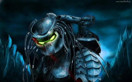 A fierce sci-fi Predator character stands against a dark, atmospheric background, showcasing intricate armor details and glowing green eyes, perfect for an HD PC desktop wallpaper.