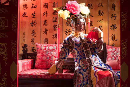 A Taiwanese woman dressed in traditional Chinese costume sits on a red sofa against a backdrop of calligraphy, captured in 4K Ultra HD for desktop wallpaper.