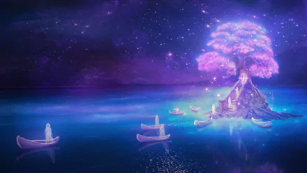 A serene fantasy landscape featuring a luminous purple tree on a tranquil island, with small boats floating on a shimmering water surface under a starry sky. HD PC wallpaper.