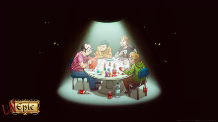 HD Unepic desktop wallpaper featuring characters playing a tabletop game under a spotlight.