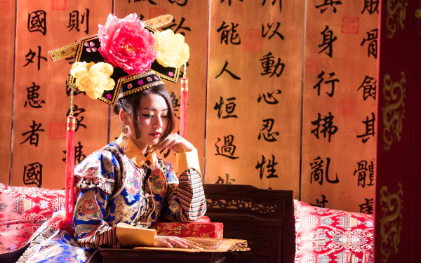 Chinese scroll traditional costume Taiwanese woman Qián Fūrén HD Desktop Wallpaper | Background Image