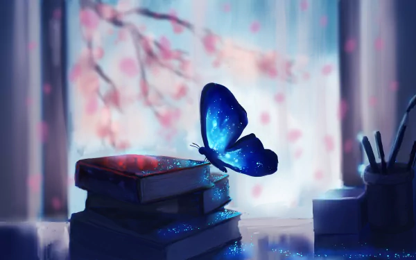 A serene fantasy scene featuring a glittering butterfly perched on colorful books, surrounded by soft shadows and delicate blossoms, evoking a magical, artistic atmosphere.