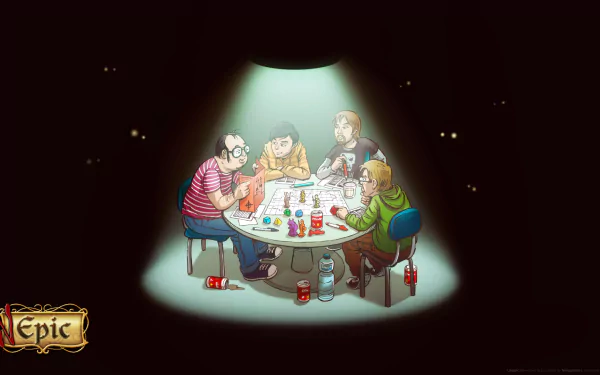 HD Unepic desktop wallpaper featuring characters playing a tabletop game under a spotlight.