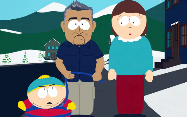 Eric Cartman and his mother Liane Cartman from South Park stand on a snowy street with houses — 2K Quad HD PC wallpaper