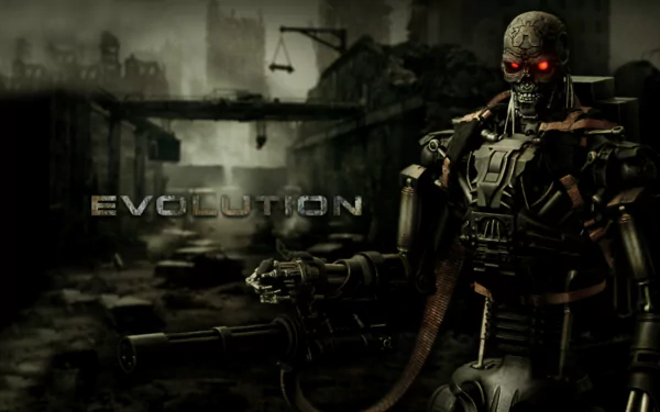 A striking HD wallpaper from the movie The Terminator, featuring a menacing cyborg in a desolate landscape with the word EVOLUTION prominently displayed.