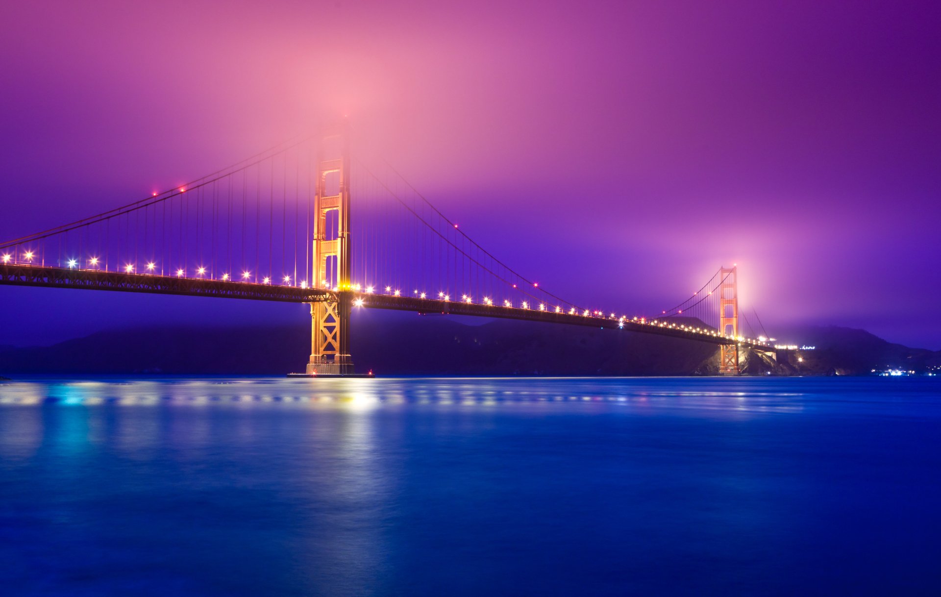 4K Ultra HD desktop wallpaper of the Golden Gate Bridge illuminated at night, with glowing lights reflecting on the calm water under a purple-hued sky.
