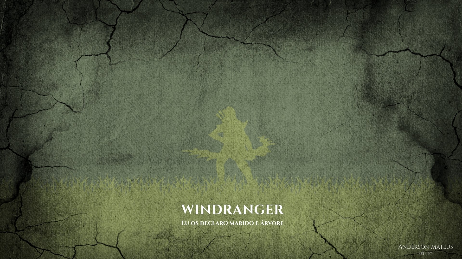 Minimalist HD PC desktop wallpaper: Windranger (DotA 2) silhouette on cracked green texture — minimalist gaming video game art and background.