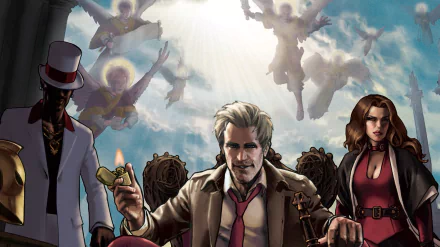 Comic 2K Quad HD PC desktop wallpaper/background: Constantine (DC Comics) in trench coat at center, flanked by allies and angels descending from a luminous sky.