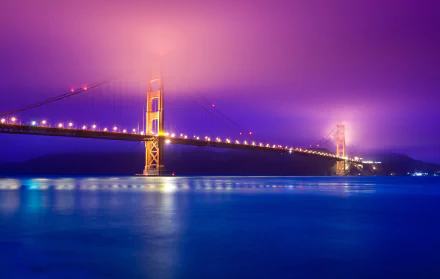 4K Ultra HD desktop wallpaper of the Golden Gate Bridge illuminated at night, with glowing lights reflecting on the calm water under a purple-hued sky.