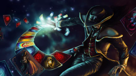 HD desktop wallpaper featuring Twisted Fate from the video game League of Legends, showing the character wielding magical cards in a dynamic, action-packed pose.