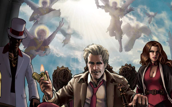 Comic 2K Quad HD PC desktop wallpaper/background: Constantine (DC Comics) in trench coat at center, flanked by allies and angels descending from a luminous sky.
