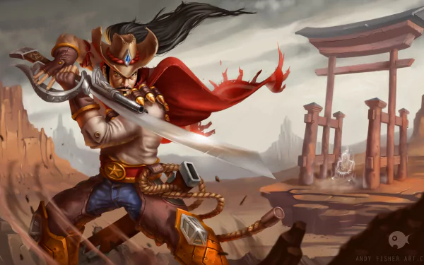 HD wallpaper of Yasuo from League of Legends poised for battle with a sword in a desert-like scene, featuring a torii gate in the background.