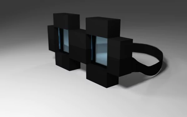 HD desktop wallpaper featuring a 3D-rendered pair of goggles with a blocky design inspired by Minecraft. The goggles are black with dark lenses and a strap, set against a neutral background.