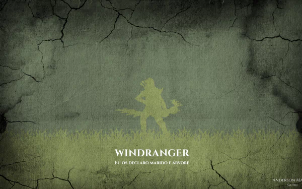 Minimalist HD PC desktop wallpaper: Windranger (DotA 2) silhouette on cracked green texture — minimalist gaming video game art and background.