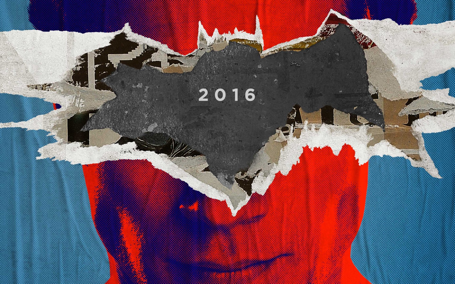 HD desktop wallpaper featuring the Batman logo from Batman V Superman: Dawn of Justice, depicted as a torn paper graphic over a stylized face, with the year 2016.