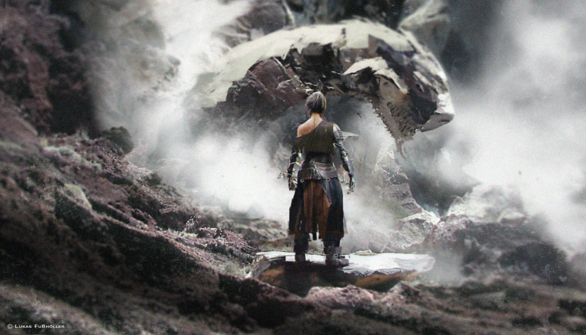 A fantasy warrior stands on rocky terrain facing a towering dragon shrouded in mist, captured in stunning HD for a dramatic PC desktop wallpaper.