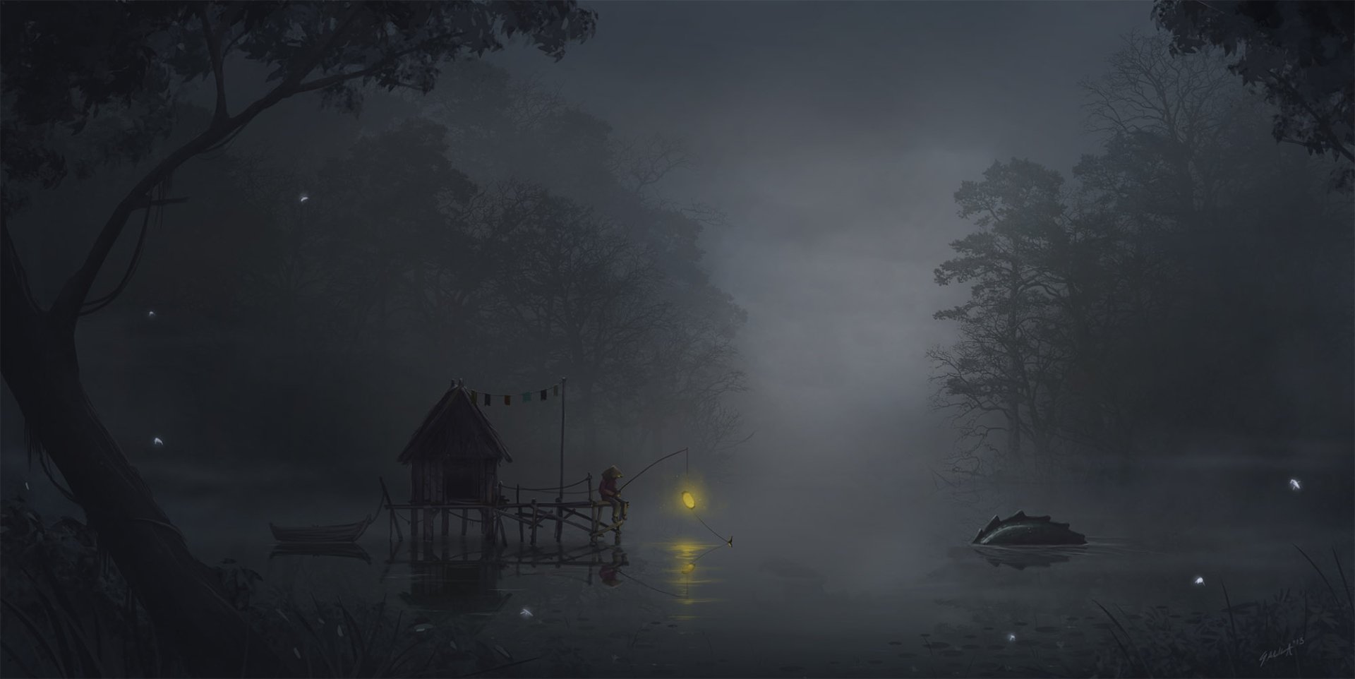 Artistic HD night scene of a misty lakeside with a small wooden dock and softly glowing lanterns by calm water, designed as a PC desktop wallpaper background.