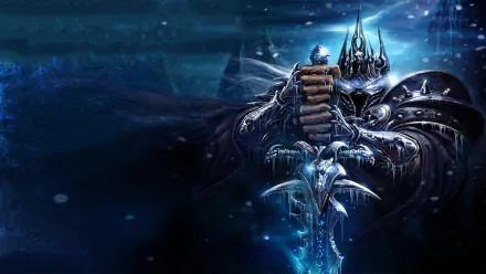 HD desktop wallpaper featuring the Lich King from the video game World of Warcraft: Rise of the Lich King, depicted with icy blue tones and a dark, ominous atmosphere.