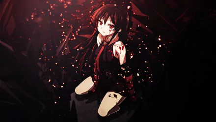 HD anime wallpaper featuring Akame from Akame Ga Kill! with long black hair, red eyes, and a tie. She has blood on her clothes and is surrounded by an intense, dark background.