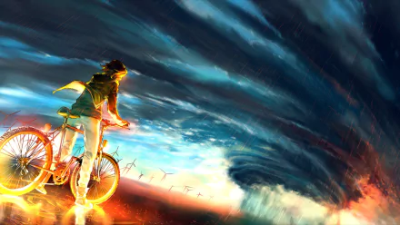 Artistic HD wallpaper depicting a person on a bike facing a dramatic sky with swirling clouds and wind turbines in the background, blending energy and motion.