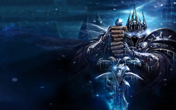 HD desktop wallpaper featuring the Lich King from the video game World of Warcraft: Rise of the Lich King, depicted with icy blue tones and a dark, ominous atmosphere.