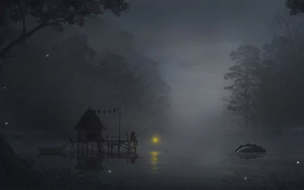 Artistic HD night scene of a misty lakeside with a small wooden dock and softly glowing lanterns by calm water, designed as a PC desktop wallpaper background.