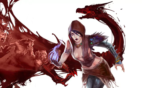 A dynamic HD wallpaper featuring Morrigan from Dragon Age: Origins, depicted as a powerful witch with a dragon shadow, embodying the game's fantasy and intrigue.
