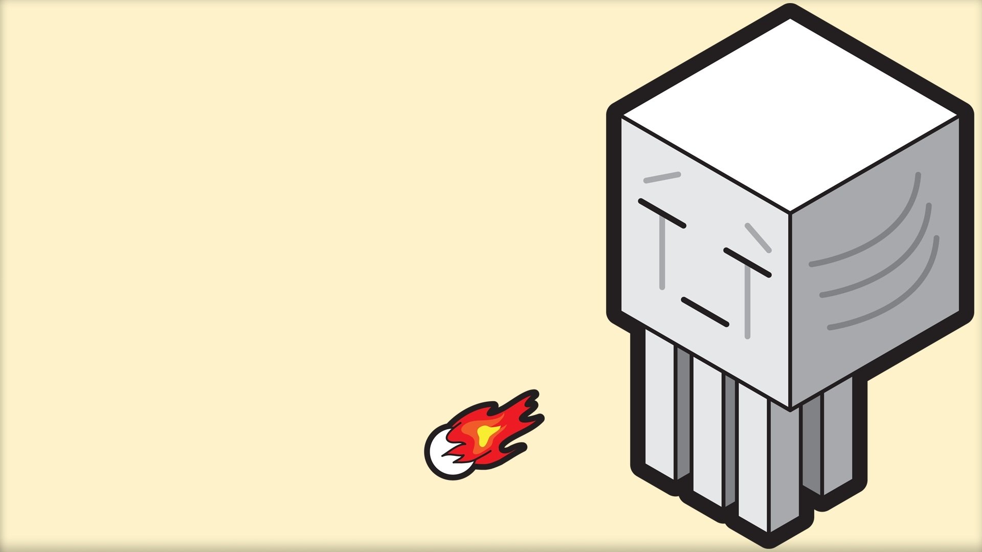 HD PC desktop wallpaper featuring a minimalist Minecraft-style Ghast character and a small fireball on a light beige background.