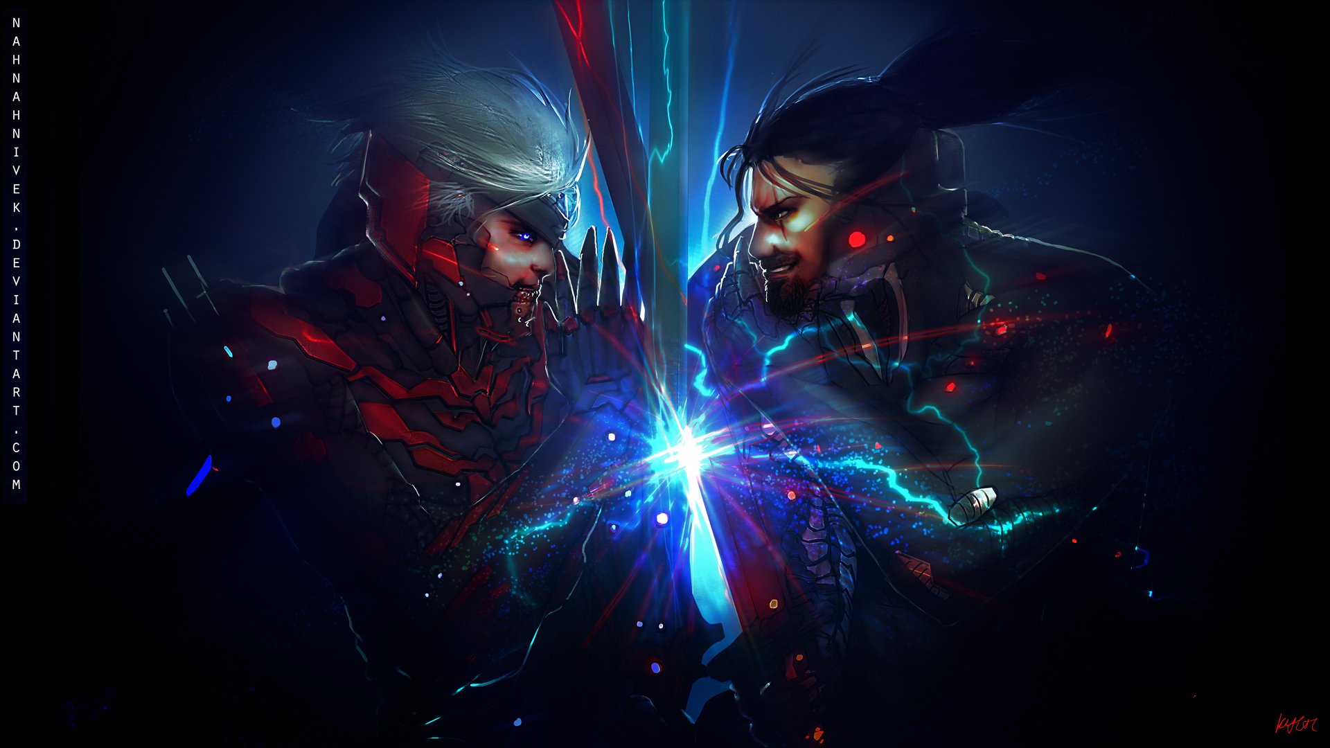 A dynamic fantasy warrior scene with two fierce figures locked in a magical duel, glowing blue and red energy crackling between them in this HD PC desktop wallpaper.