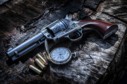 A striking still life featuring a vintage revolver, a classic pocket watch, and ammunition, displayed on a textured wooden surface, creating a bold military aesthetic.