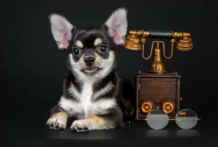 HD desktop wallpaper featuring a black and white Chihuahua puppy lying next to a vintage telephone and round glasses on a black background.