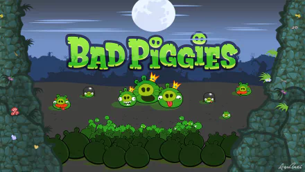 HD desktop wallpaper featuring the Bad Piggies from the video game, set against a nighttime forest background with a full moon.